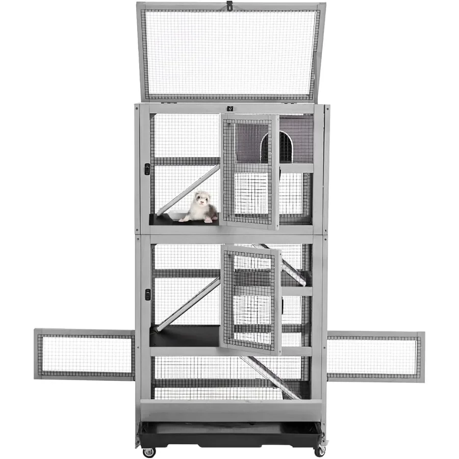 

Просторная многоуровневая деревянная клетка с убежищением на рампах и выдвижным подносом для маленьких домашних животных, включая крысы, хомяки, ежики, шиншиллы