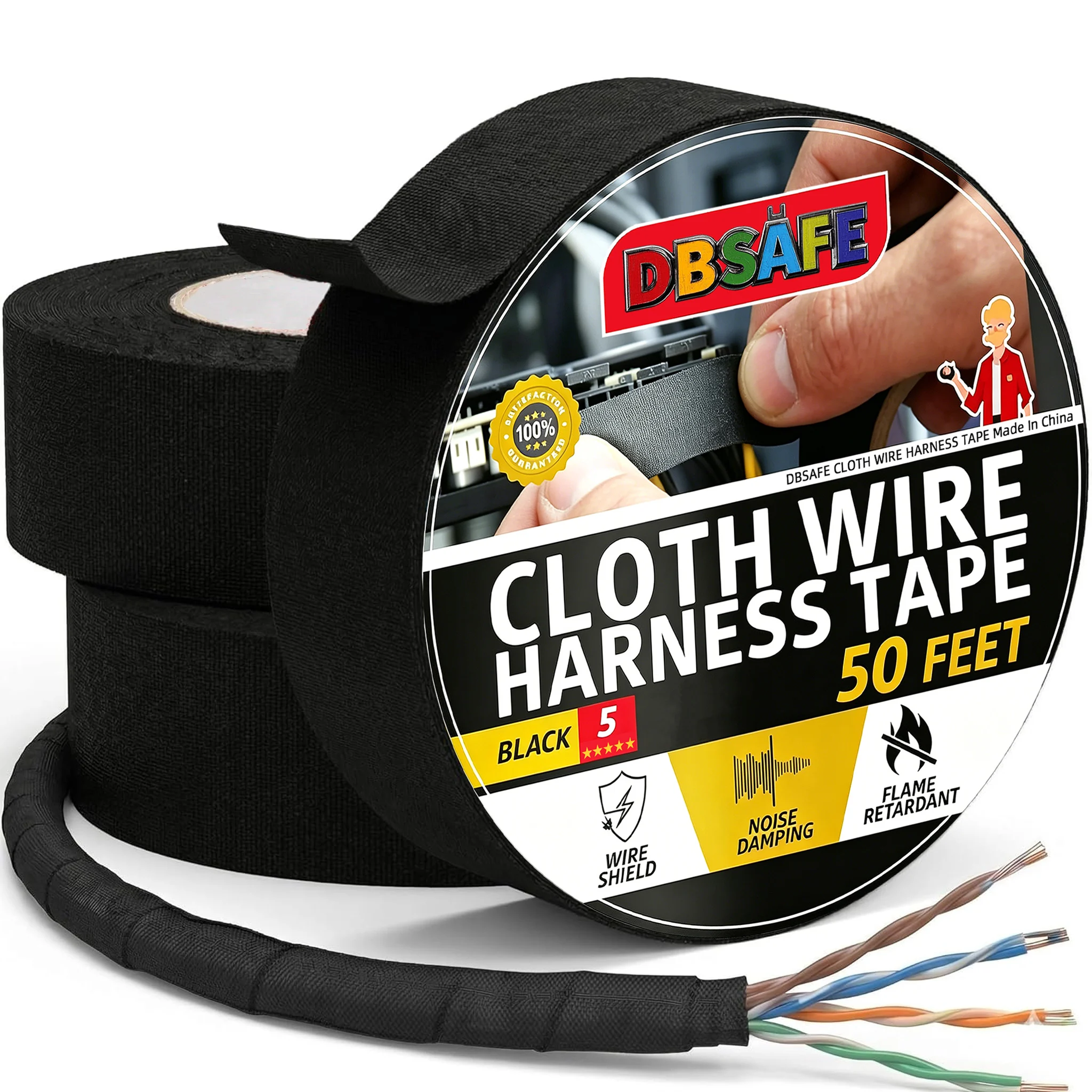 

3/4-Inch 50-Foot (1-10Pack) DBsafe High Temp Wiring Wire Harness Tape Loom Self-Adhesive Cloth Electrical Tape Automotive Noise