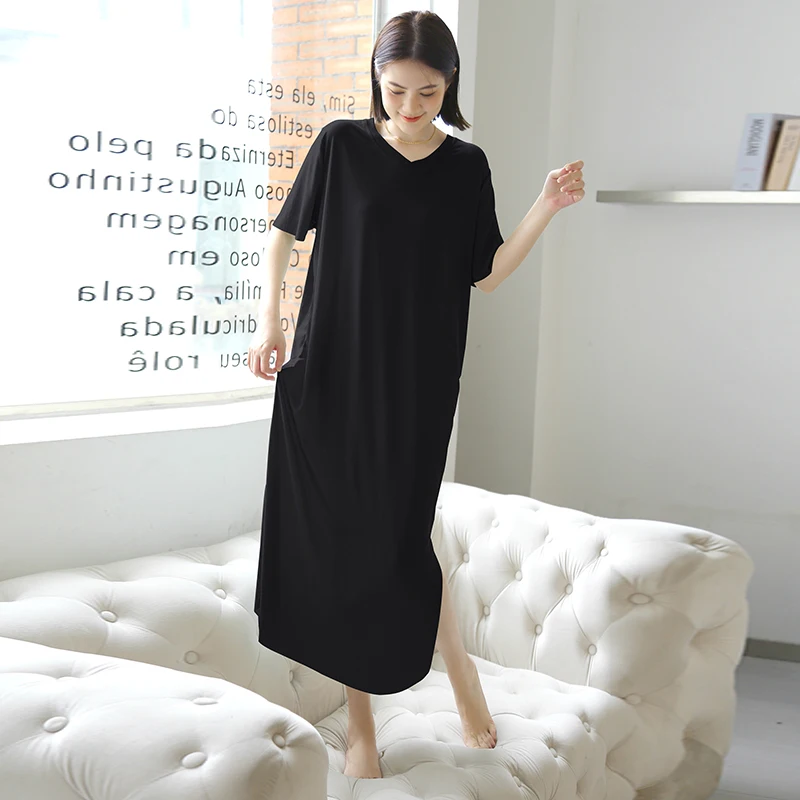 Ice Silk V-Neck Short Sleeve  Color Long Dress Women Summer Thin A-Line Dress Slimming Split Maxi Dress plus Size