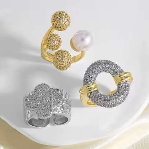 OCESRIO Trendy Pearl White Crystal Ball Statement Rings for Women Copper Gold Plated Silver Color Cross Ring Jewelry Gift rigr12