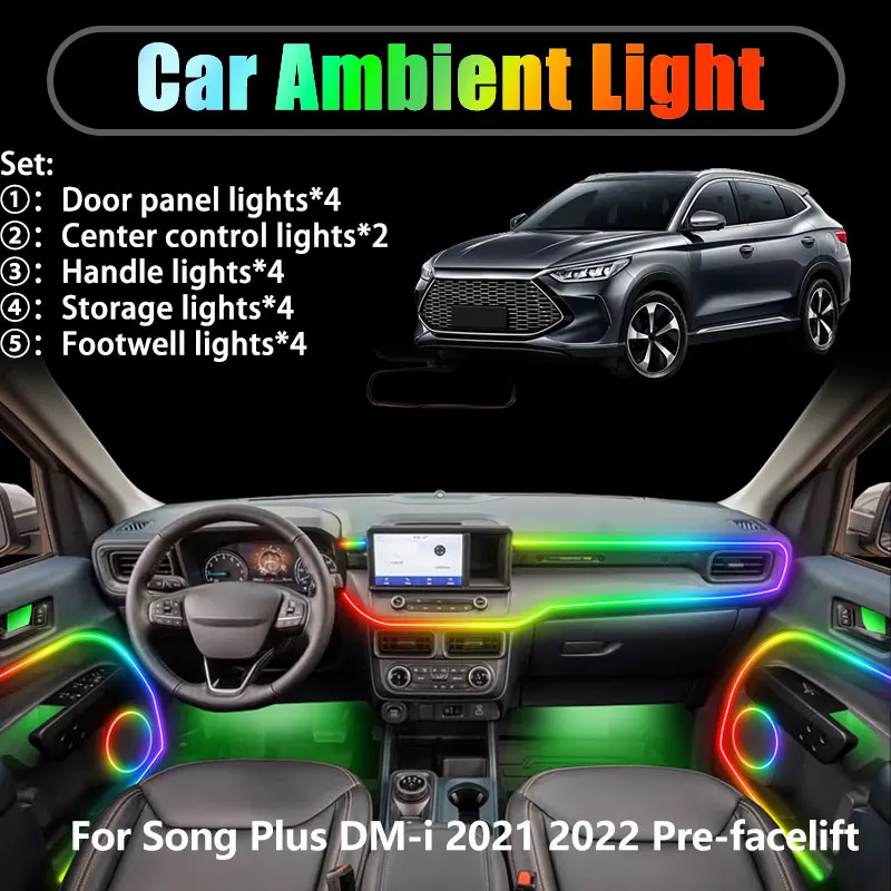 

For Song Plus DM-i 2021 2022 Pre-facelift 2/18 in 1 Car ambient lighting Led trunk interior led lights USB RGB Ensemble Streamer