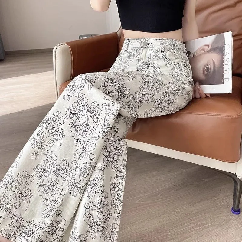 

Лето 2025 г., женские узкие брюки с французским корейским цветочным принтом, джинсы, женские свободные повседневные широкие брюки с высокой талией, женские брюки