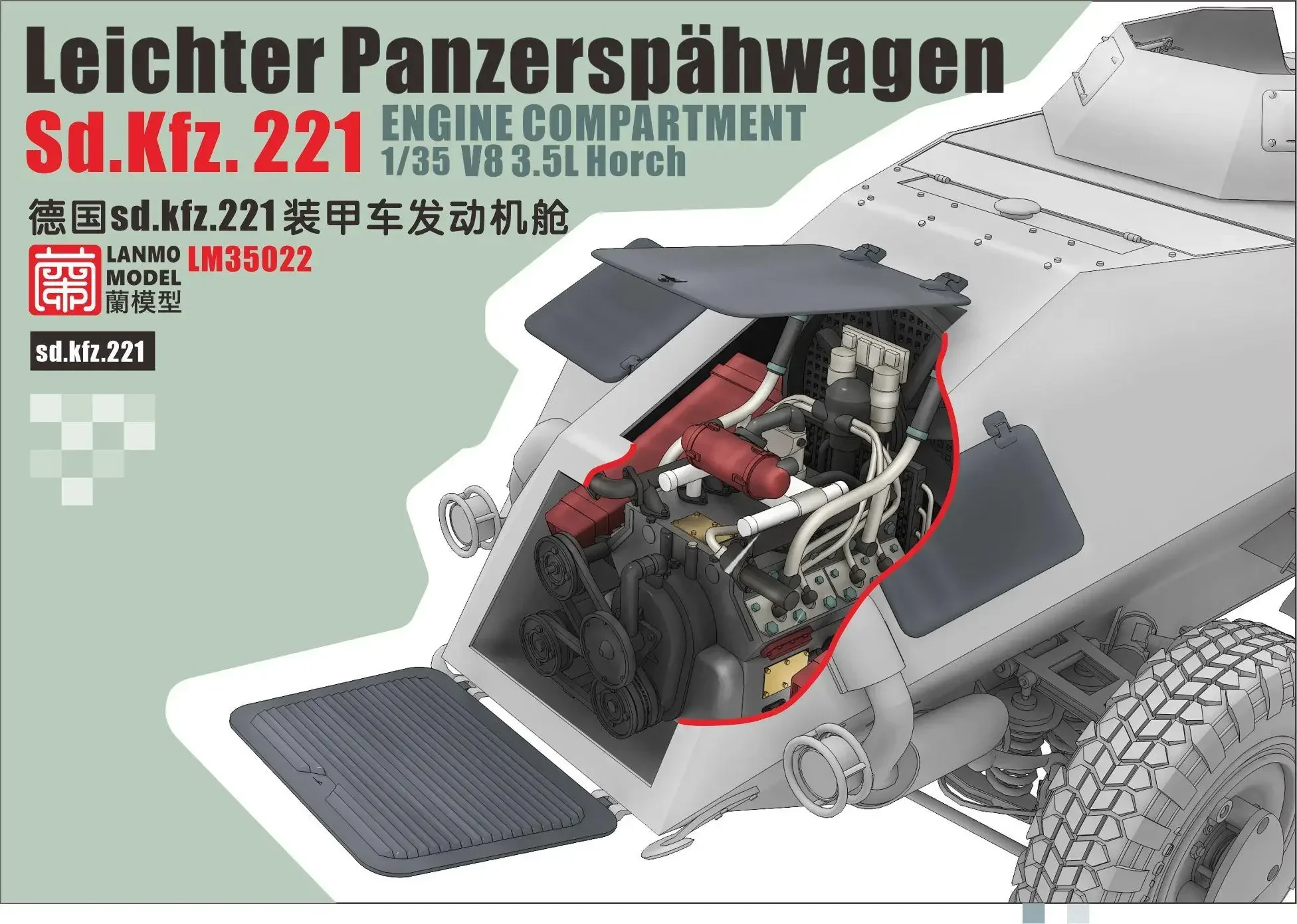 

Heavy Hobby LM-35022 1/35 Scale WWII Leichter Panzerspahwagen sd.kfz.221 ENGINE COMPARTMENT V8 3.5L Horch