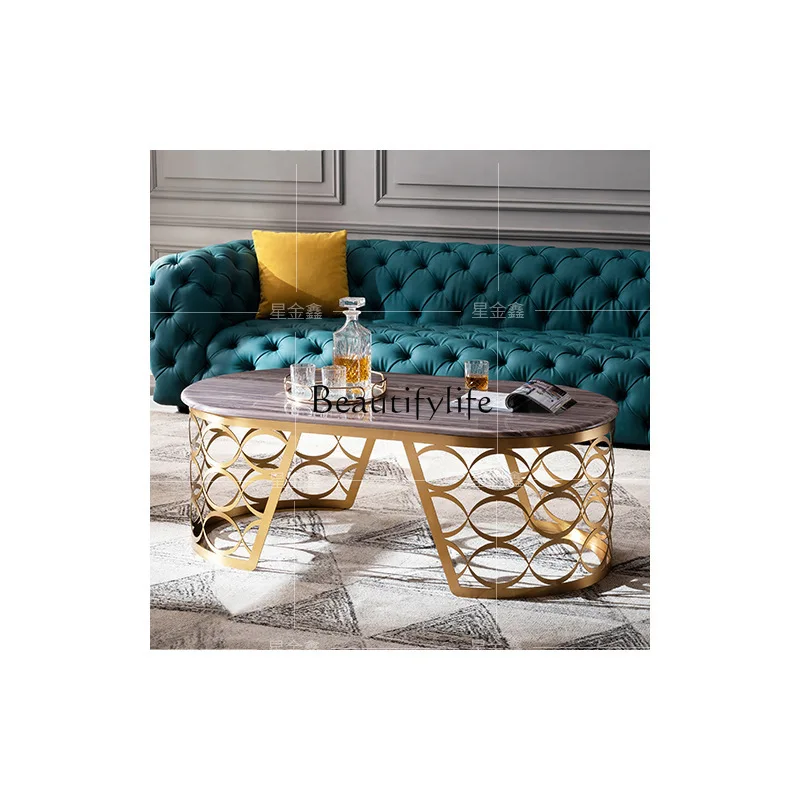 

Light luxury stainless steel Nordic marble oval coffee table simple living room tea table