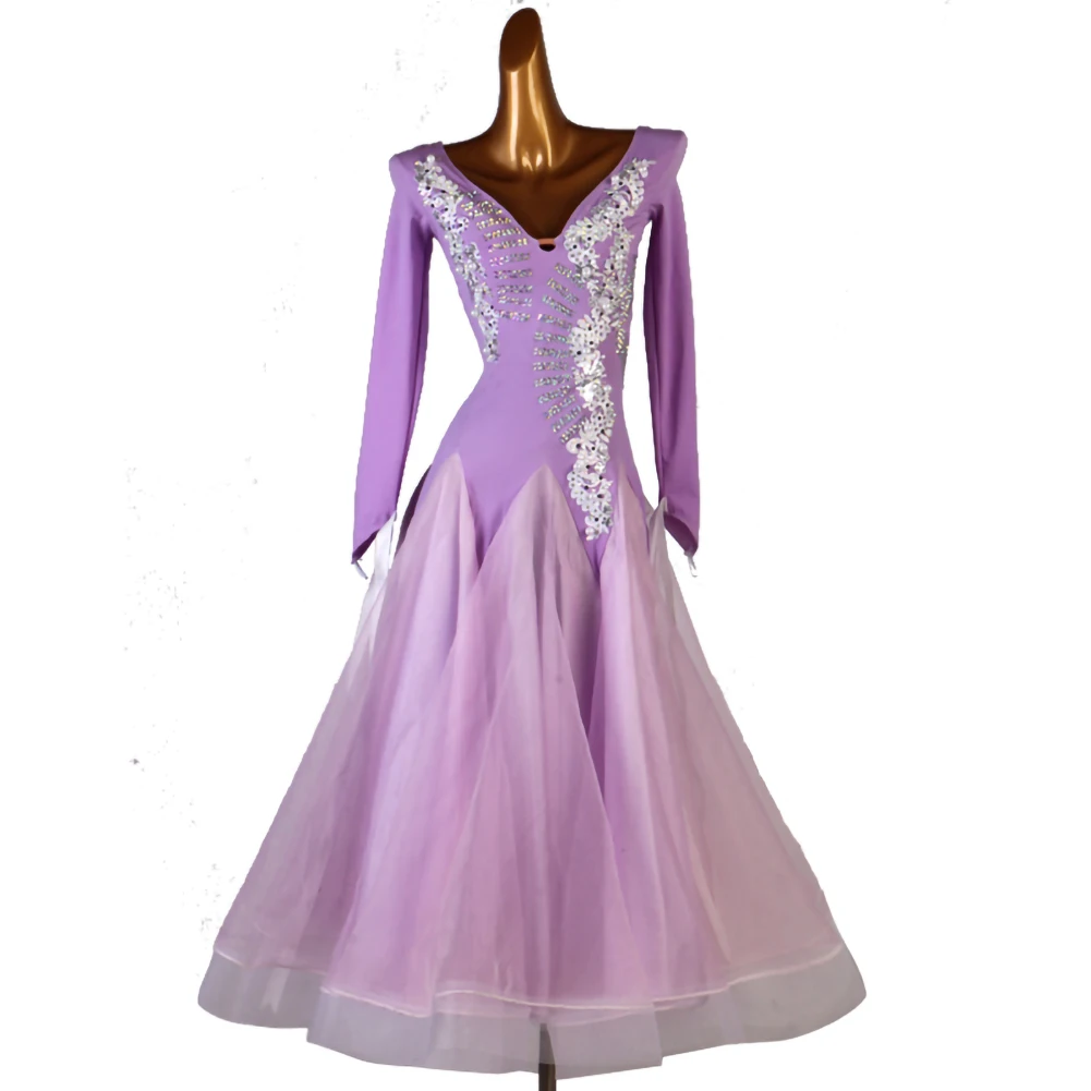 

Long Sleeve light purple Standard Dance Competition Dress Rhinestone Ribbon Decal Ballroom Dance Pearl Back Rhinestone Waltz