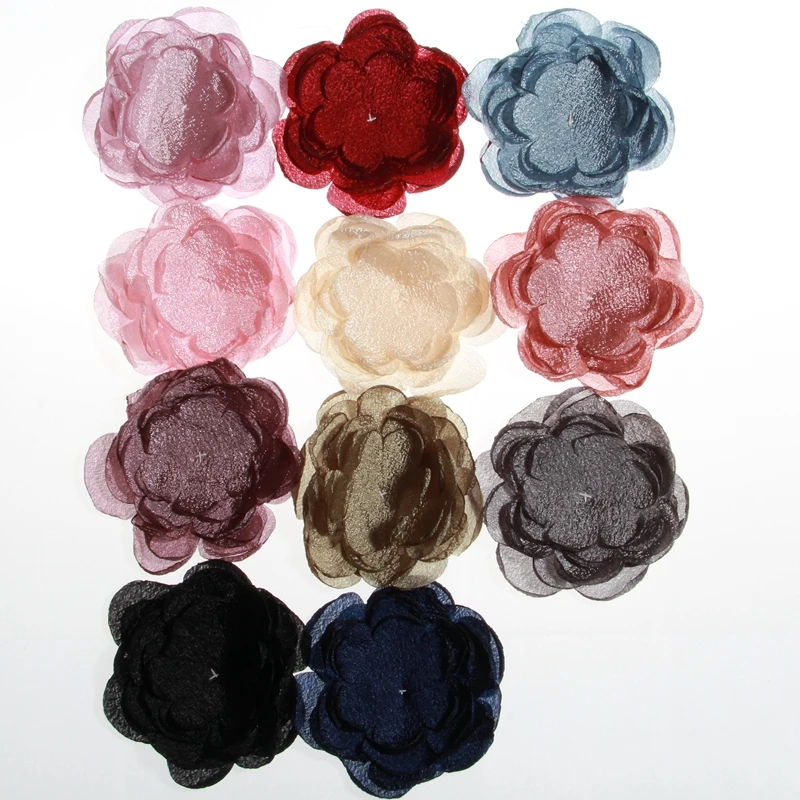 20PCS 10CM 3.9inch Vintage Satin Burn Hair Flowers For Headbands Chiffon Flower For Women Hair Accessories Head Wear