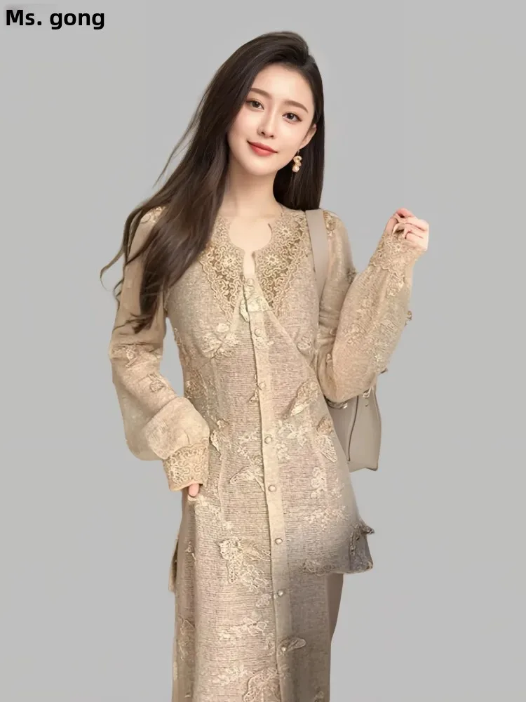 Gong miss malha dr suave fada saia linda camada de base longa dr outono faion saia evasê v-ne sve longo dr