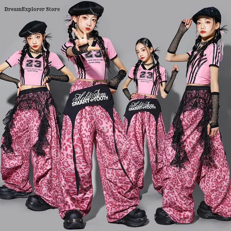 Girls K-pop Pink Crop Top Leopard Print Joggers Pants Kids Jazz Girl Group Clothes Set Street Dance Children Hip Hop Streetwear