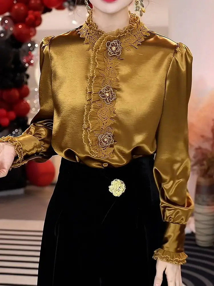 

French Style Luxury Solid Color Fleece-Lined Shirt for Women Autumn Winter New Elegant Stylish Long Sleeve Blouse Women Tops
