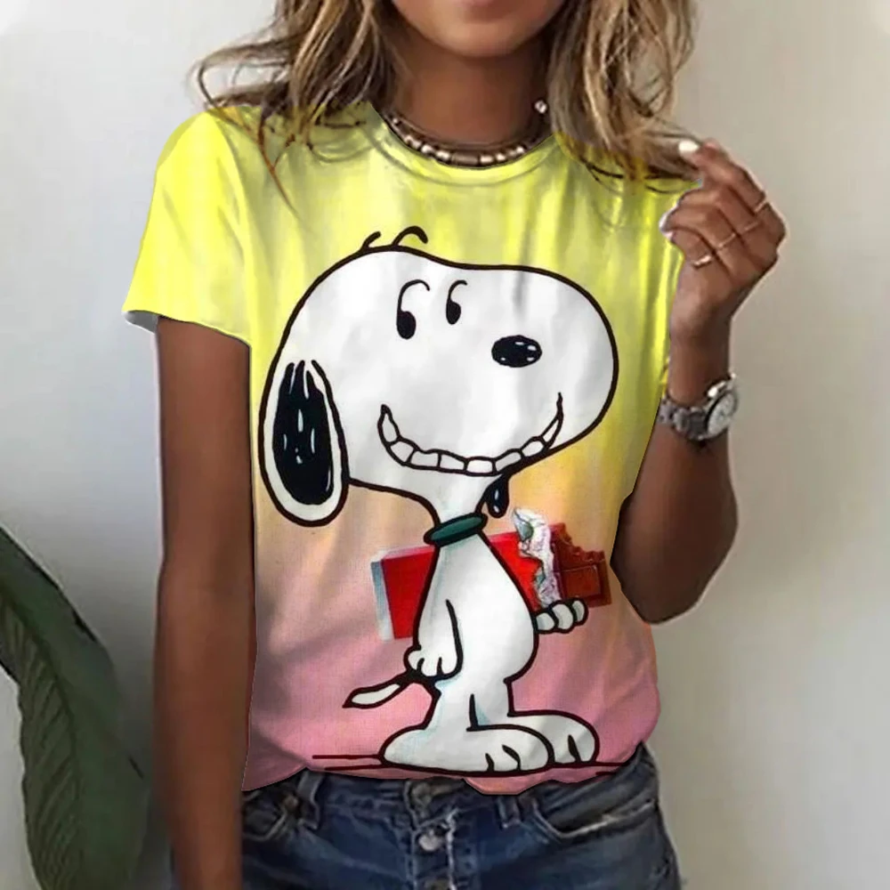 MINISO 스누피 프린트 여성 티셔츠 여성용 새 풀오버 o 넥 캐주얼 반소매 2025 Fashion Street Tops