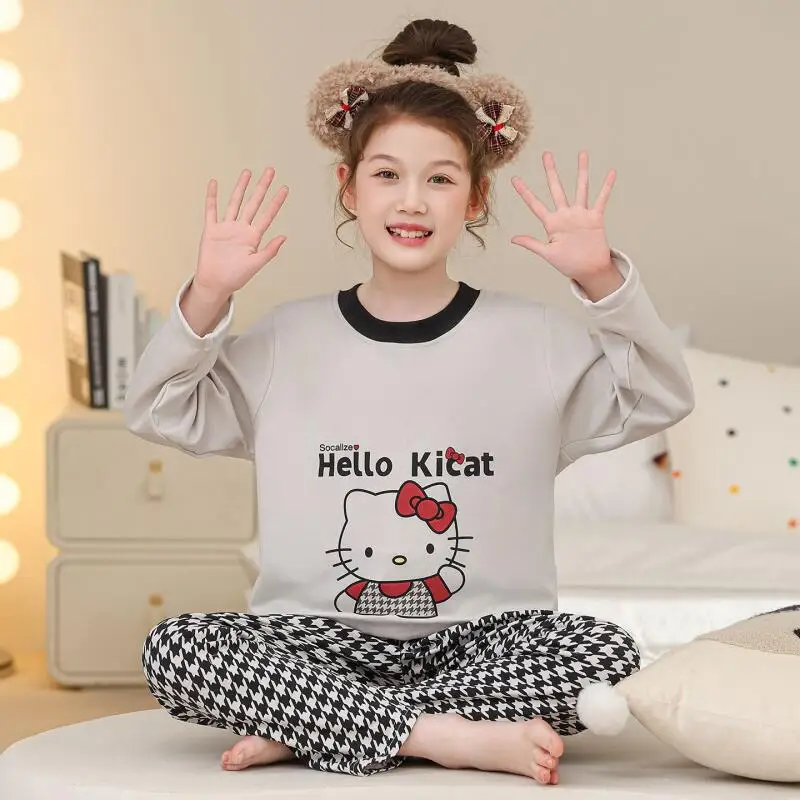 

Детские пижамы для девочек Sanrio Hello Kitty, новый весенне-осенний хлопковый костюм с длинными рукавами, можно носить домашнюю одежду на улице