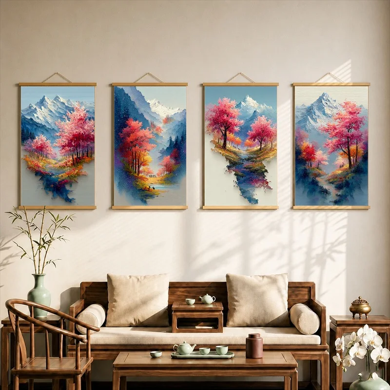 Wall Decor Snow Mountain Beneath Clear Sky, Nordic Minimal Pearlescent Canvas Hanging Scroll with Wooden Rods for Living Room