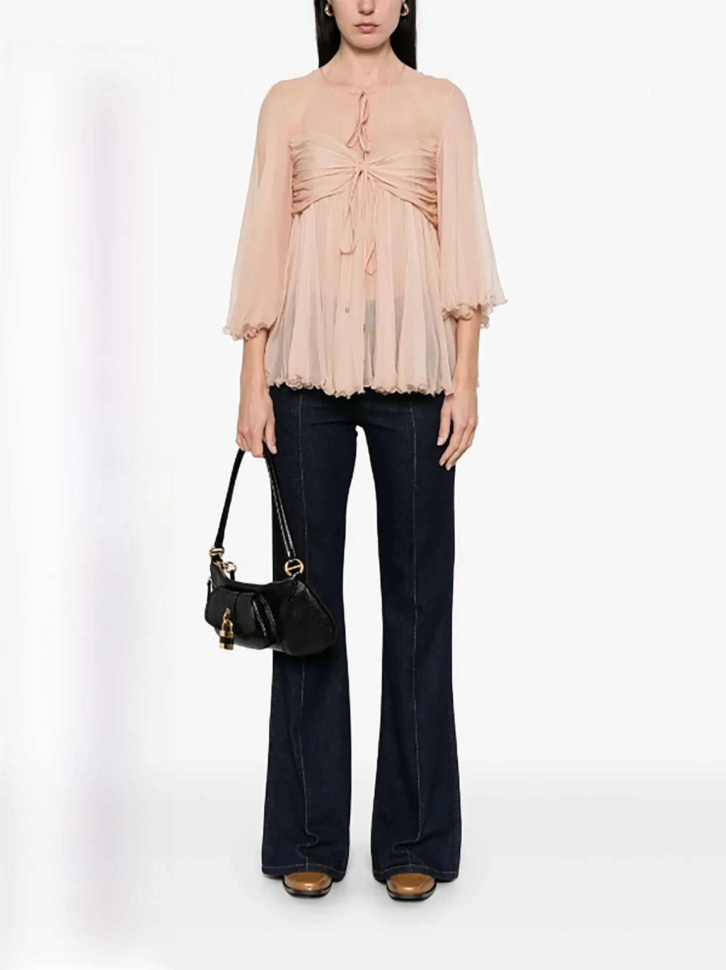 

Элегантный шифоновый топ с длинными рукавами для женщин, весна 2026: уникальный дизайн, приталенный крой, кружевная отделка