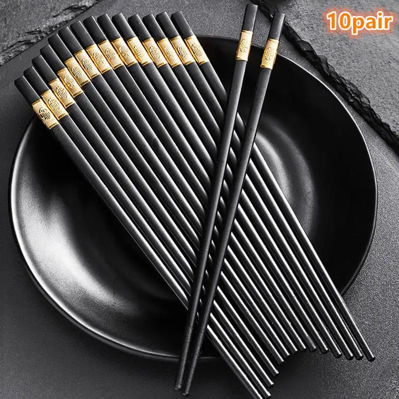 10 Pairs Household  And Anti-mold Alloy Chopsticks With Gold Pattern Non Slip And Heat Resistant For Home Kitchen