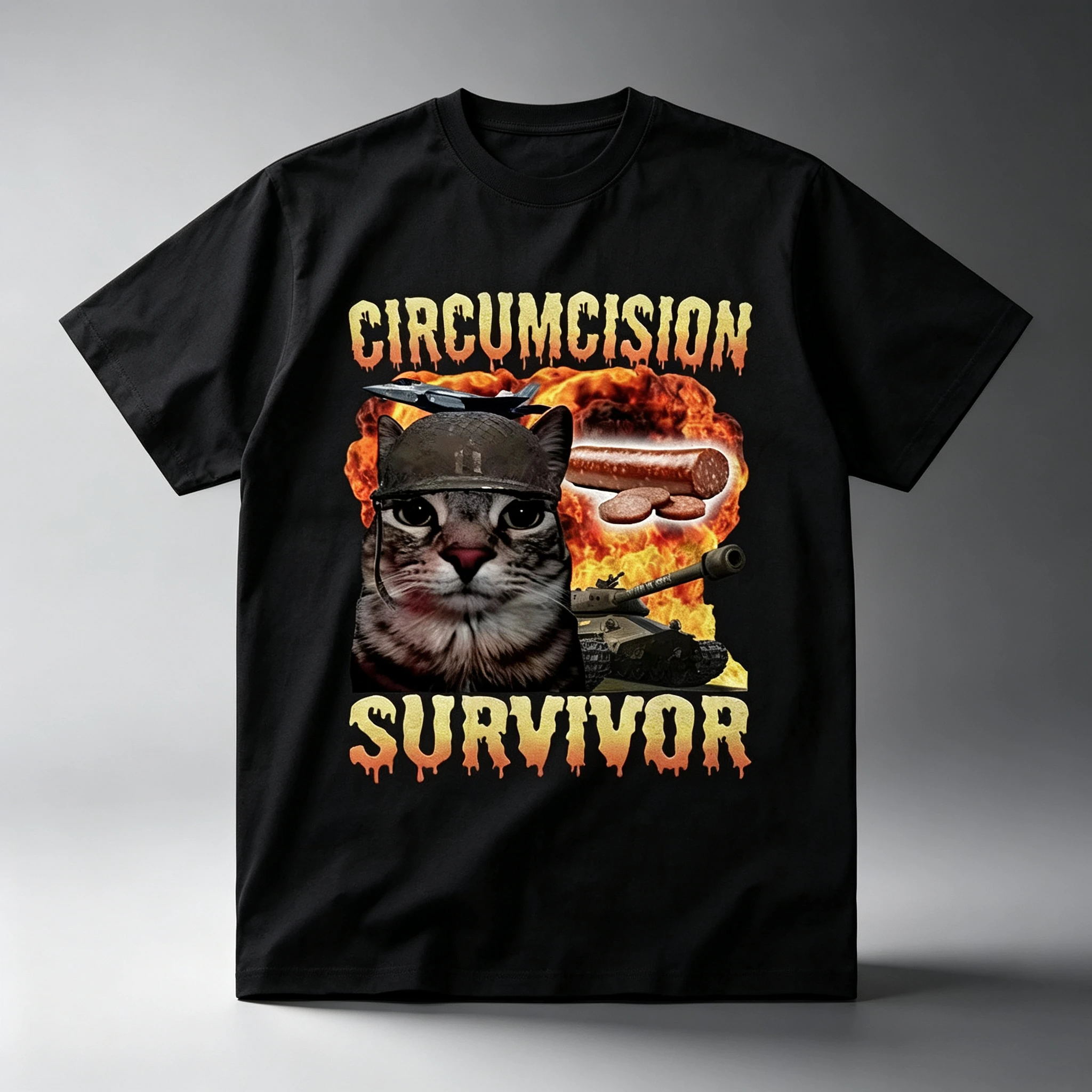 Circumcision Survivor Funny Cat Meme T Shirt Men Women Vintage Casual Cotton Short Sleeve Oversized T-shirts Streetwear