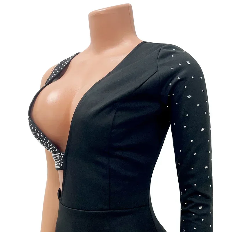 GUWU-Robe fourreau à col en V avec diamants pour femme, manches longues, taille découpée, club, fête, tambour sexy, mode
