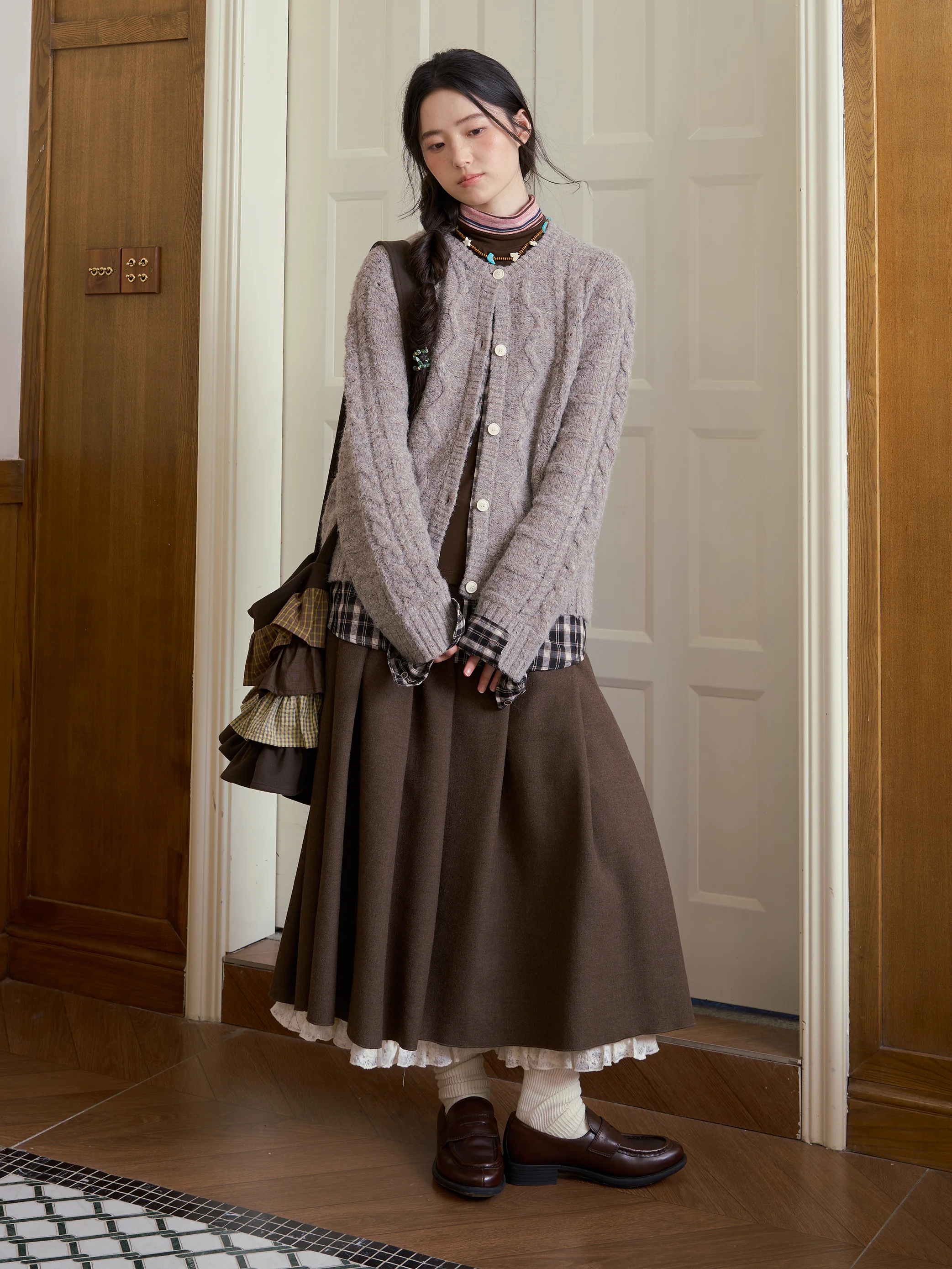 Saotome Early Girl Heavyweight Wool Plaid Gored Skirt with Wooden  Fake Two-Piece Half Skirt High Waist Pleated Skirt