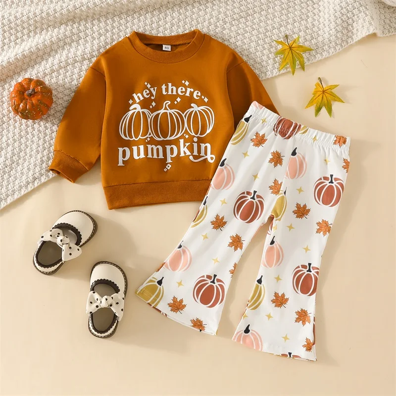 Conjunto de 2 piezas para niña con estampado floral y top de manga con volantes y leggings para la temporada de otoño