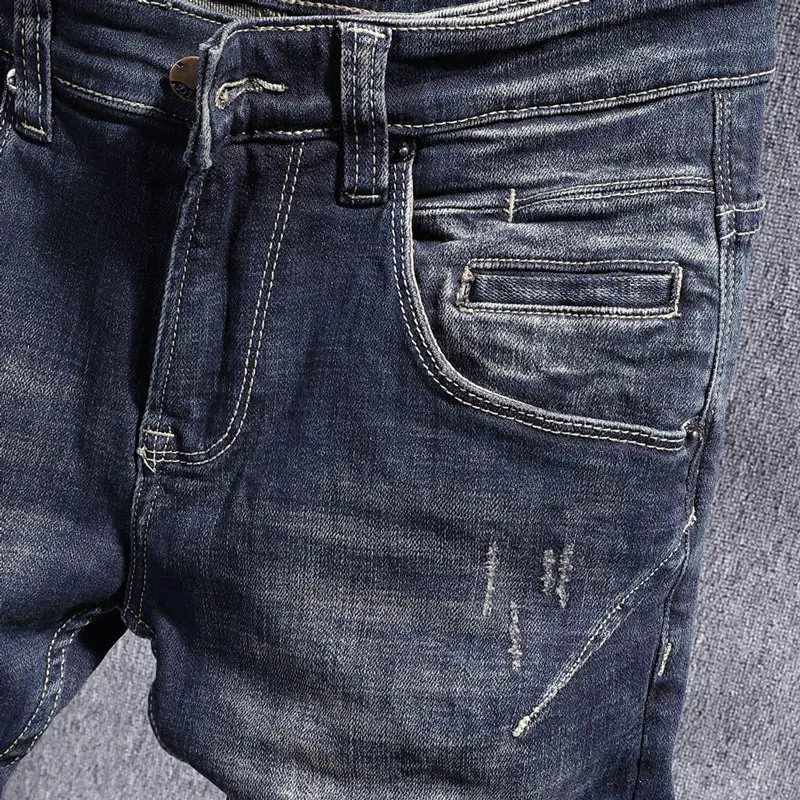 Fashion Vintage Men Jeans Retro Black Blue Stretch Slim Fit Ripped Jeans Men Trousers Spliced Designer Casual Denim Pants Hombre