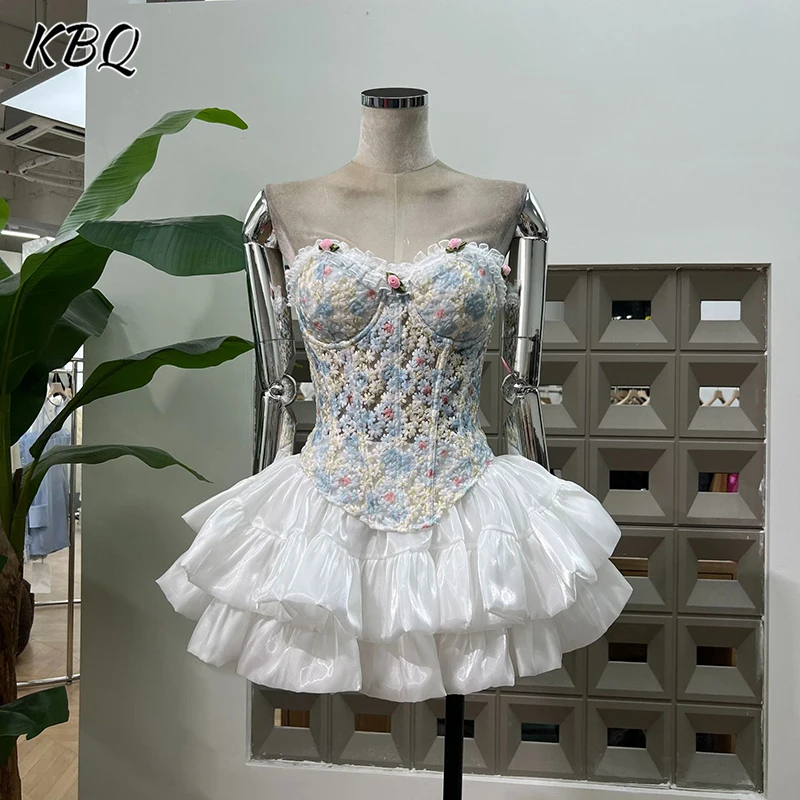 

KBQ Sweet Two Piece Sets for Women Strapless Spliced Floral Embroidery Tunic Vest High Waist Mesh Skirts Chic Set Female Fashion