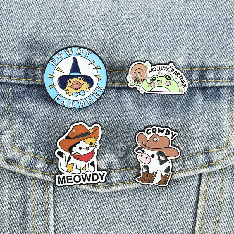 Howdy Animals Emaille-Anstecknadeln Cowboy Meowdy Cowdy Broschen Reversnadeln Katze Ente Frosch Kuh Schmuck Geschenk für Kinder Freunde