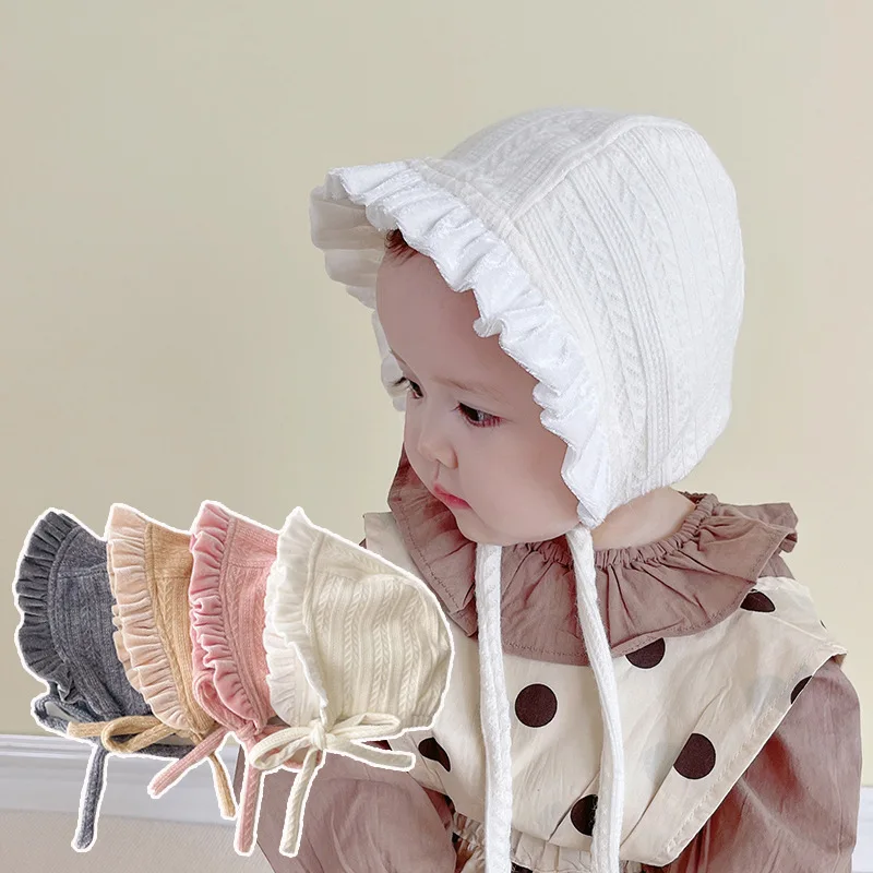 Lace Infant Hats Spring Girl Baby Bonnet Hat Solid Color Cotton Newborn Ear Protection Warm Cap