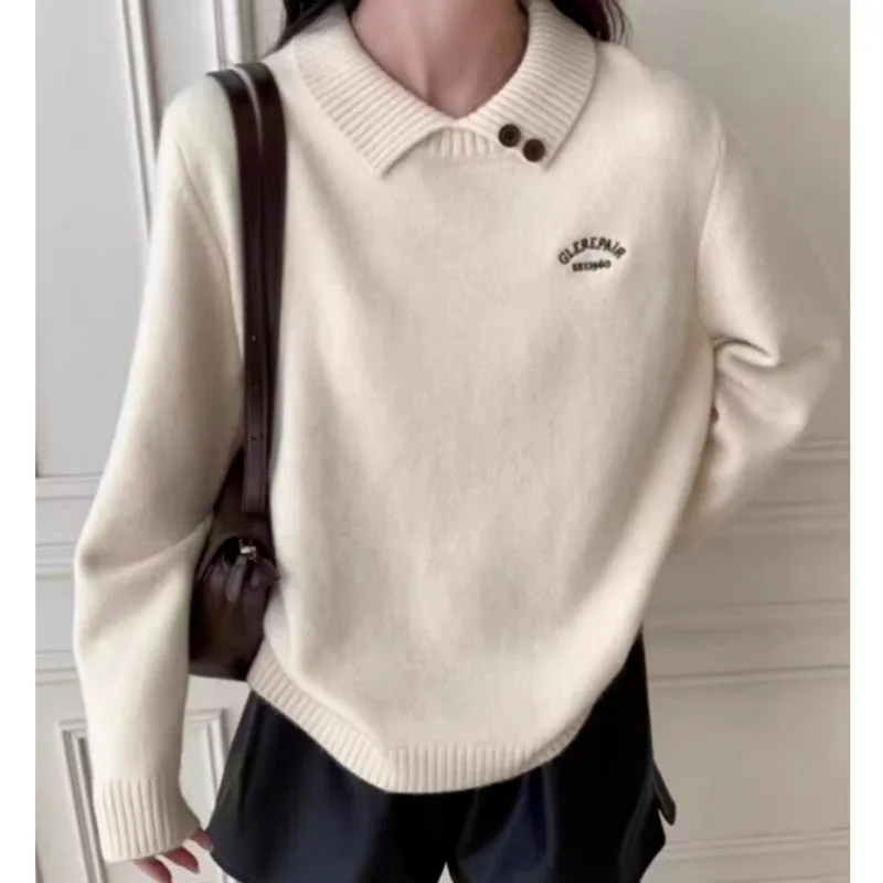 

Женский пуловер с вышитыми лацканами и пуговицами, осенне-зимний новый универсальный мягкий восковой свитер, нижний топ