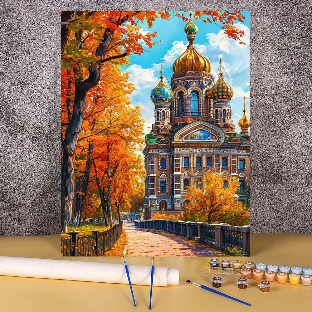 

Акриловая картина по номерам, осенний пейзаж, замок, ручная работа, краска, цифровой холст, настенная художественная картина для спальни, украшение дома