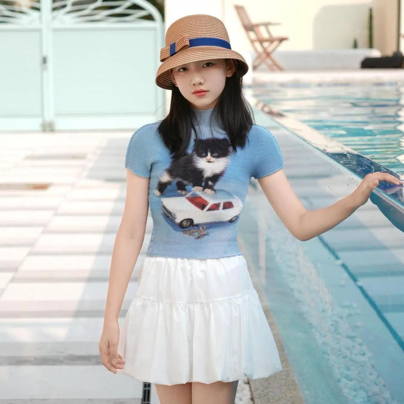 Sexy Vintage Coquette Slim Fit Casual Folds Knitted Tees Top Women Summer Hotsweet Cat Print Sheath Street Turtleneck T-shirt