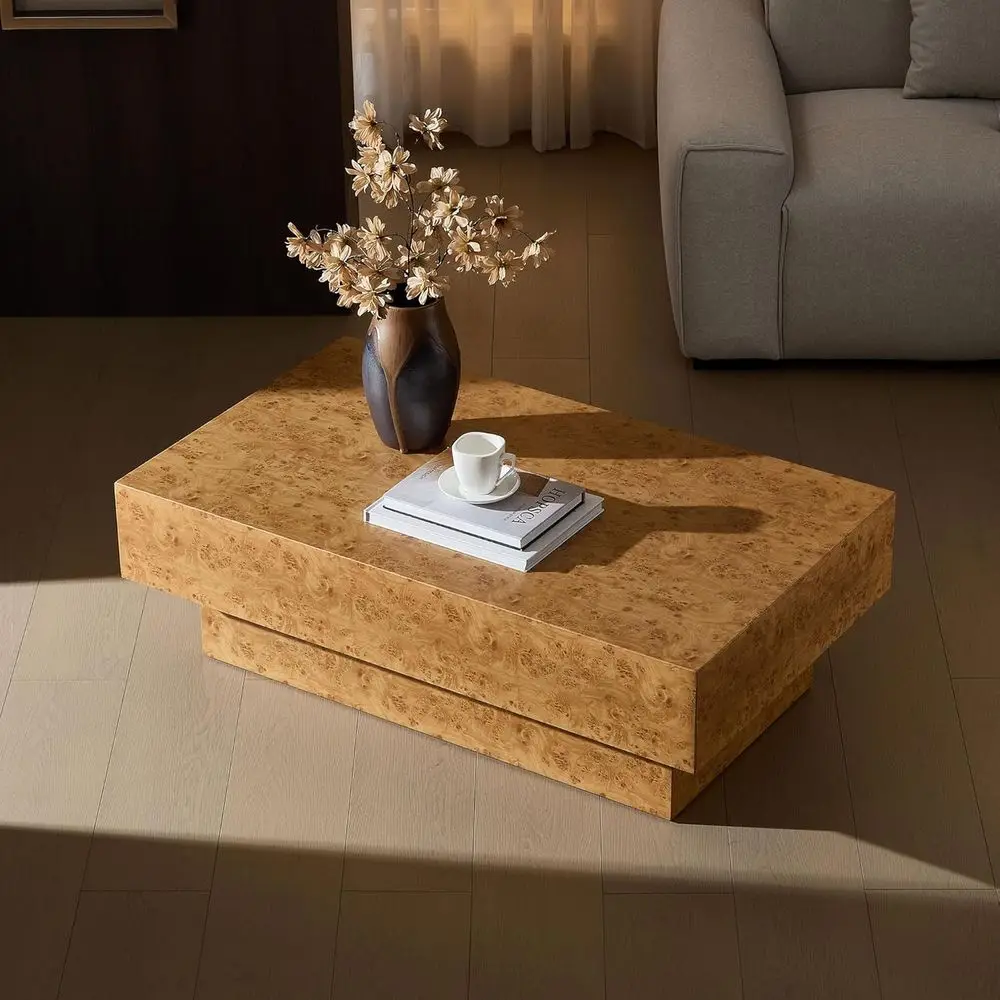

Mid-Century Modern Burl Wood Coffee Table with Sturdy MDF Pedestal for Living Room