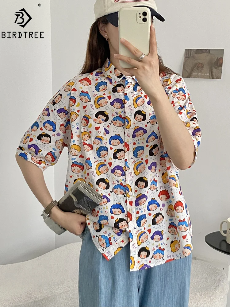 New Spring Cotton Shirts Women Short Sleeve Cute Cartoon Printed Tops Girl Sweet Casual Loose Blouses 2024 Summer T44372QM