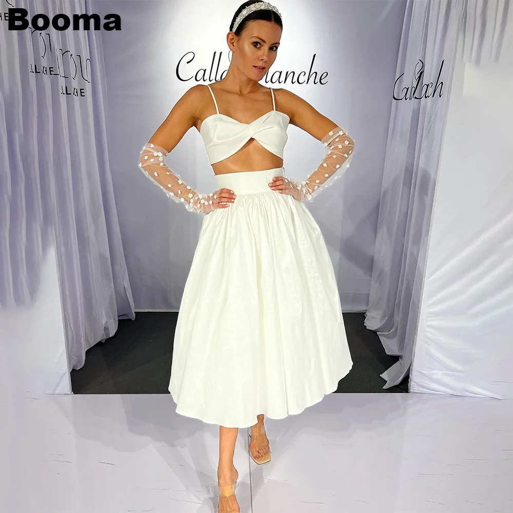 

Booma A Line Midi Wedding Dresses Spaghetti Strap 2 pieces Beach Wedding Party Dresses for Women Simple Bride vestido blanco