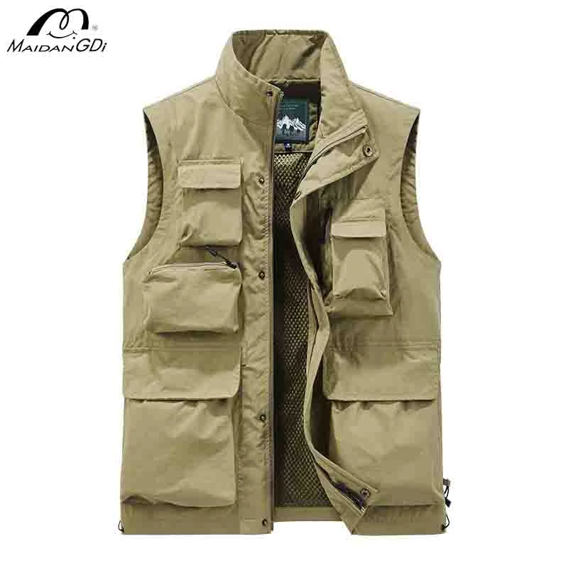 

MAIDANGDI Men's Solid Color Top Mesh Breathable Multi Color Oversized Sleeveless Multi Pocket High Neck Jacket Travel Fishing