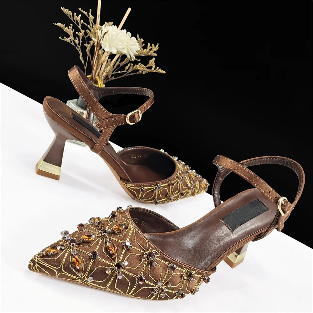 صنادل إيطالية أنيقة من حجر الراين أحذية عالية الجودة للنساء الأفريقيات بكعب عالٍ لفستان الحفلات #4