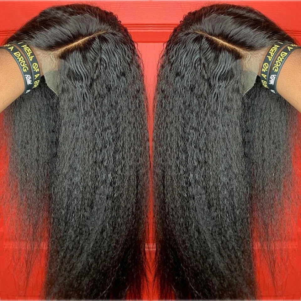 Natural Black Soft Glueless Preplucked 28 inch Long 180% Density Yaki Kinky Straight Lace Front Wig For Women With Baby Hair