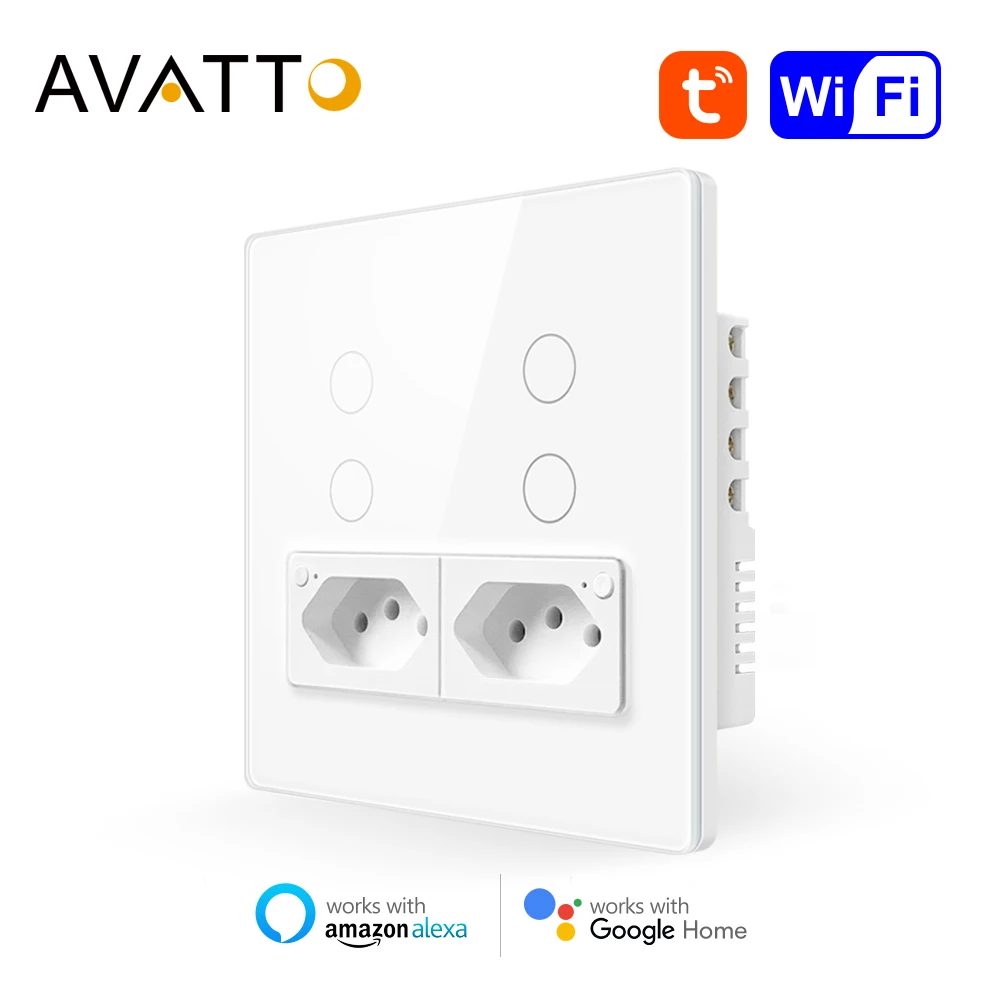 AVATTO Tuya WiFi Smart Switch e presa, pannello in vetro 4 x4 interruttore a 4 pulsanti con presa 16A funziona con Alexa Google Home