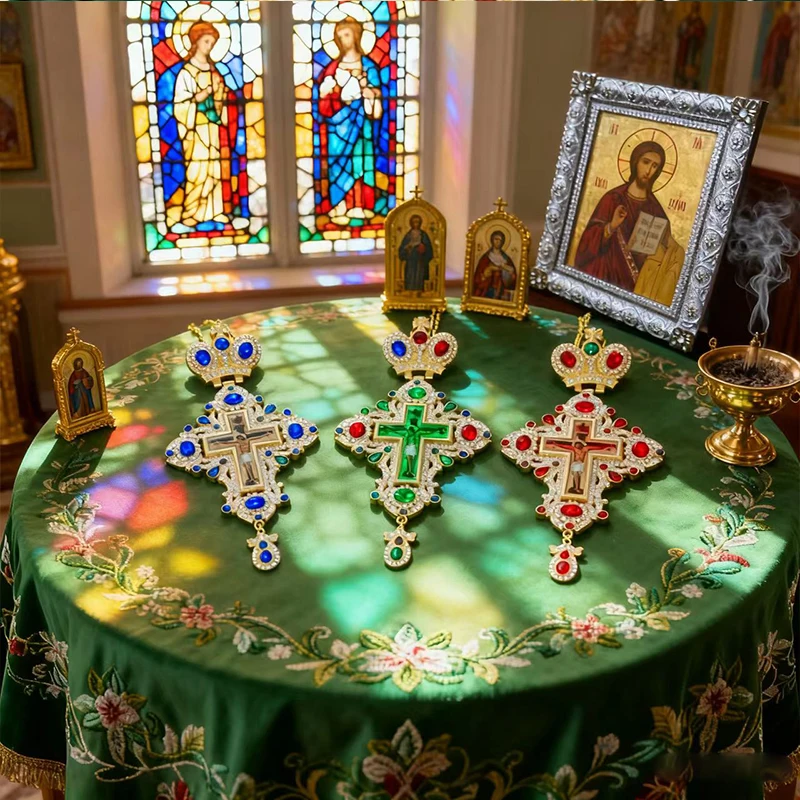 New 2026 Luxury Multi-Gem Orthodox Pectoral Cross Set Gold-Plated with Crown & Crucifix Premium Liturgical Necklaces for Church