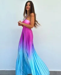 Sexy Strapless Backless Maxi Dress Women Summer Vacation Beach Party Long Dresses 2024 Hollow Out Halter Gradient Pleated Robes