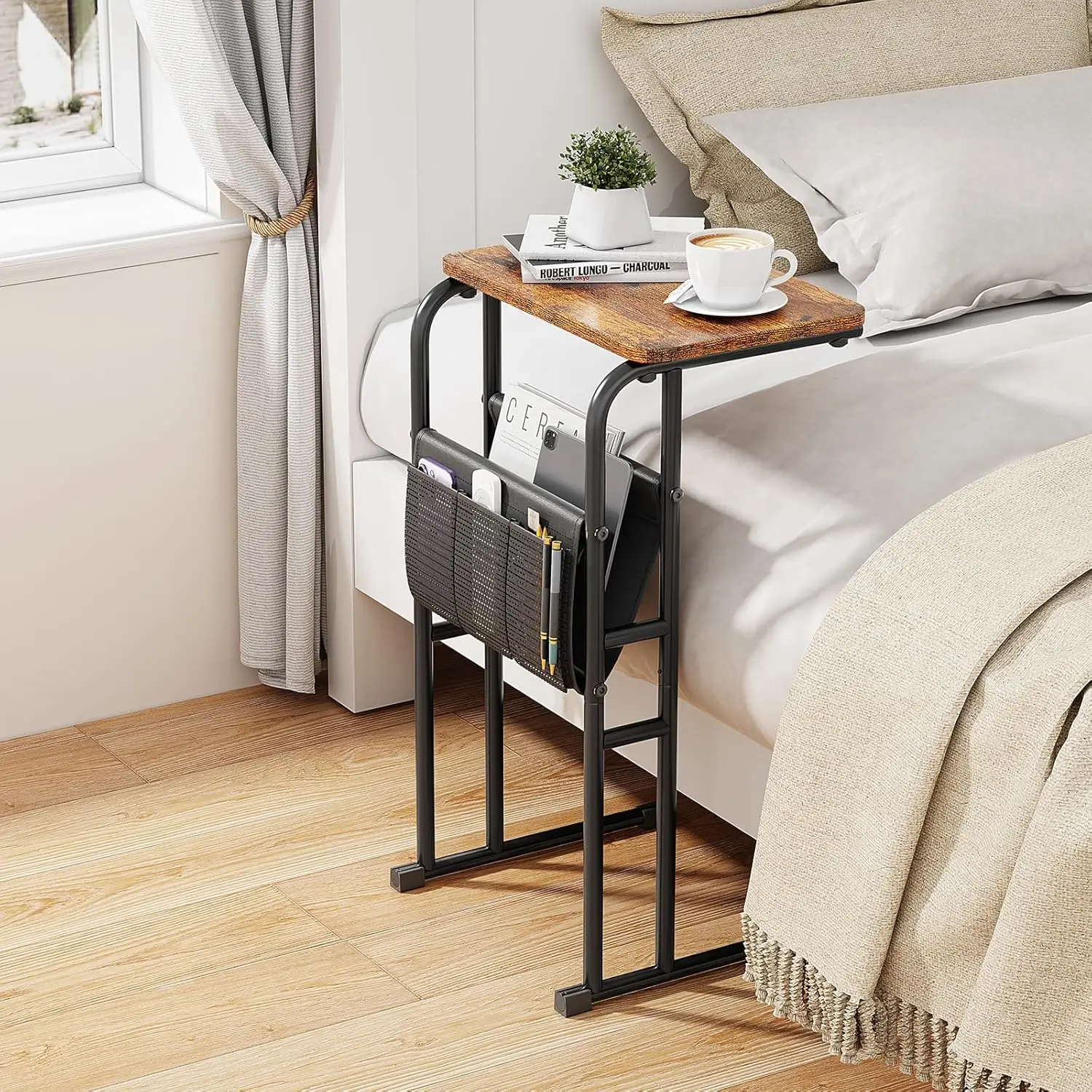 C Shaped End Table with Storage Bag Small Couch Side Table with Metal Frame Sofa Table TV Tray for Living Room Bedroom & Office