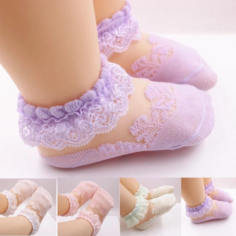 Calcetines de encaje con volantes para niñas, medias cortas elásticas de algodón, color morado, accesorios para recién nacidos