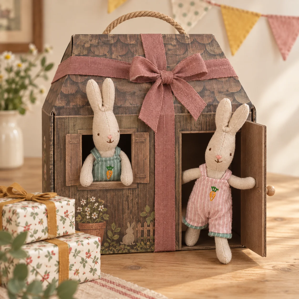 Vintage Linen Bunny Family Plush Doll Miniature Rabbit Playset in Suitcase Diorama Waldorf Fabric Pretend Play Toy for Children