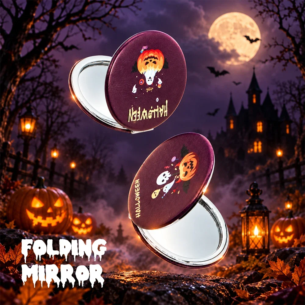 Halloween Folding Mirror Portable Magnifying Compact Makeup Mirror PU Leather Pumpkin Ghost Design Halloween Gifts