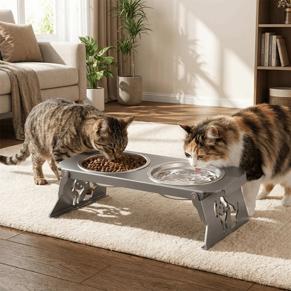 

Dog Bowl Foldable Raised Pet Feeder Removable Anti-flip Elevated Cat Bowl Water Food Bowl Non-slip Dog Double Bowl Dog Feeding