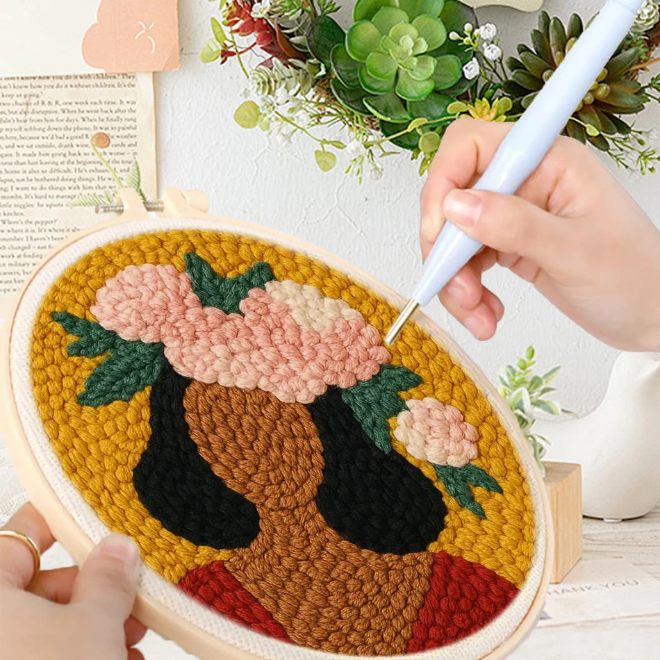 

GATYZTORY embroidery punch needle starter kit Character simple yarn set Picture 20x20cm with frame Cross stitch kits Wall Decor