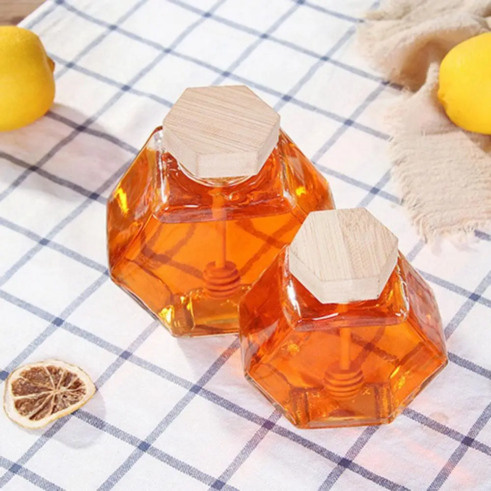 Hexagonal Glass Honey Bottle with Wooden Stirring Rod Honey Packaging Bottle Small Honey Bottle Container Honey Jar