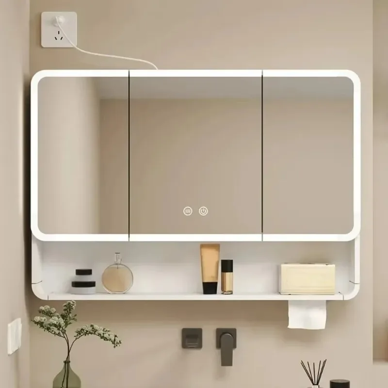 Wall Mounted LED Bathroom Mirror Cabinet, Anti-Fog Storage Mirror, Carbon Fiber Rounded Corner Makeup Mirror