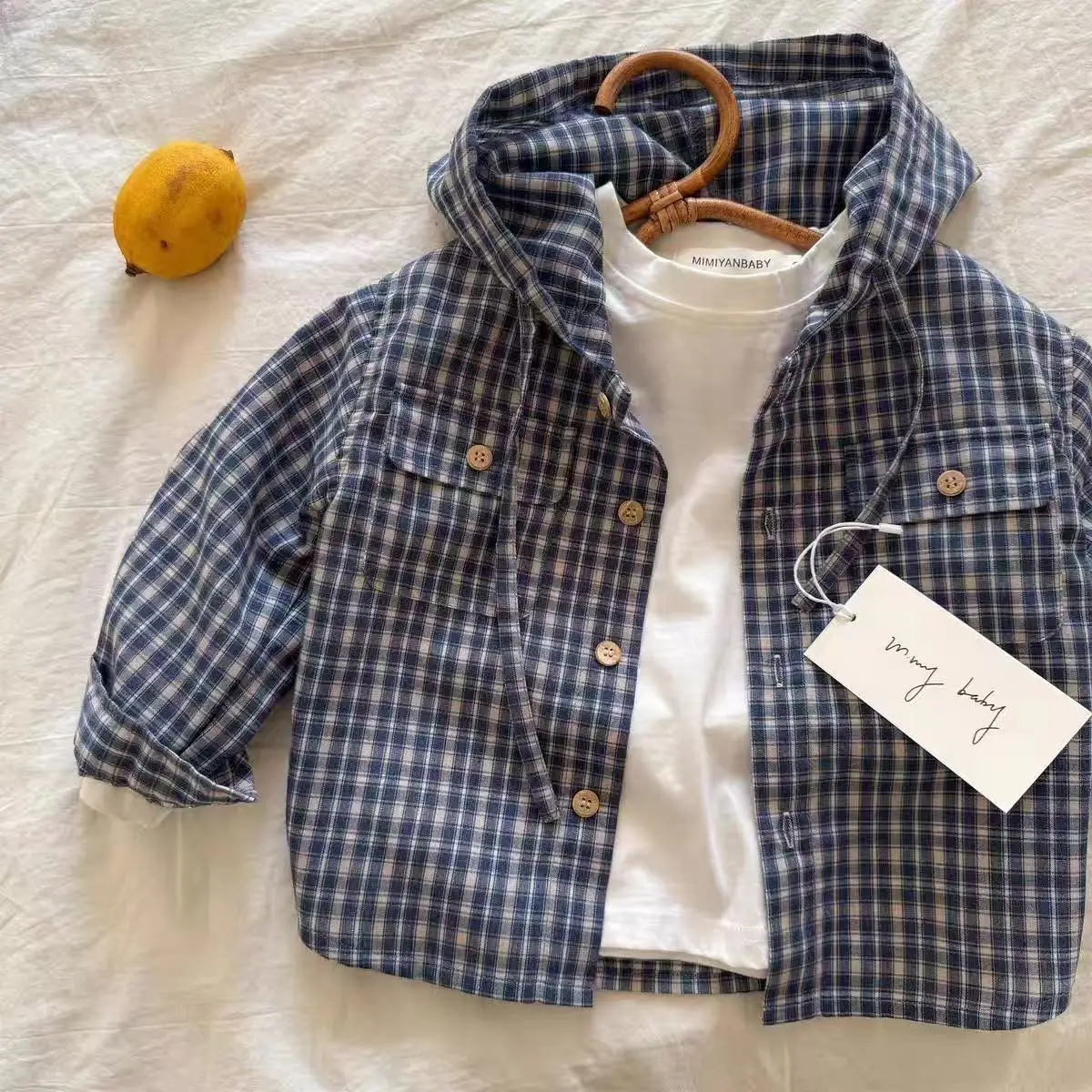 Kids Hooded Plaid Shirt Jacket Spring Autumn 2025 New Korean Style Boys Girls Cute Fashion Outerwear