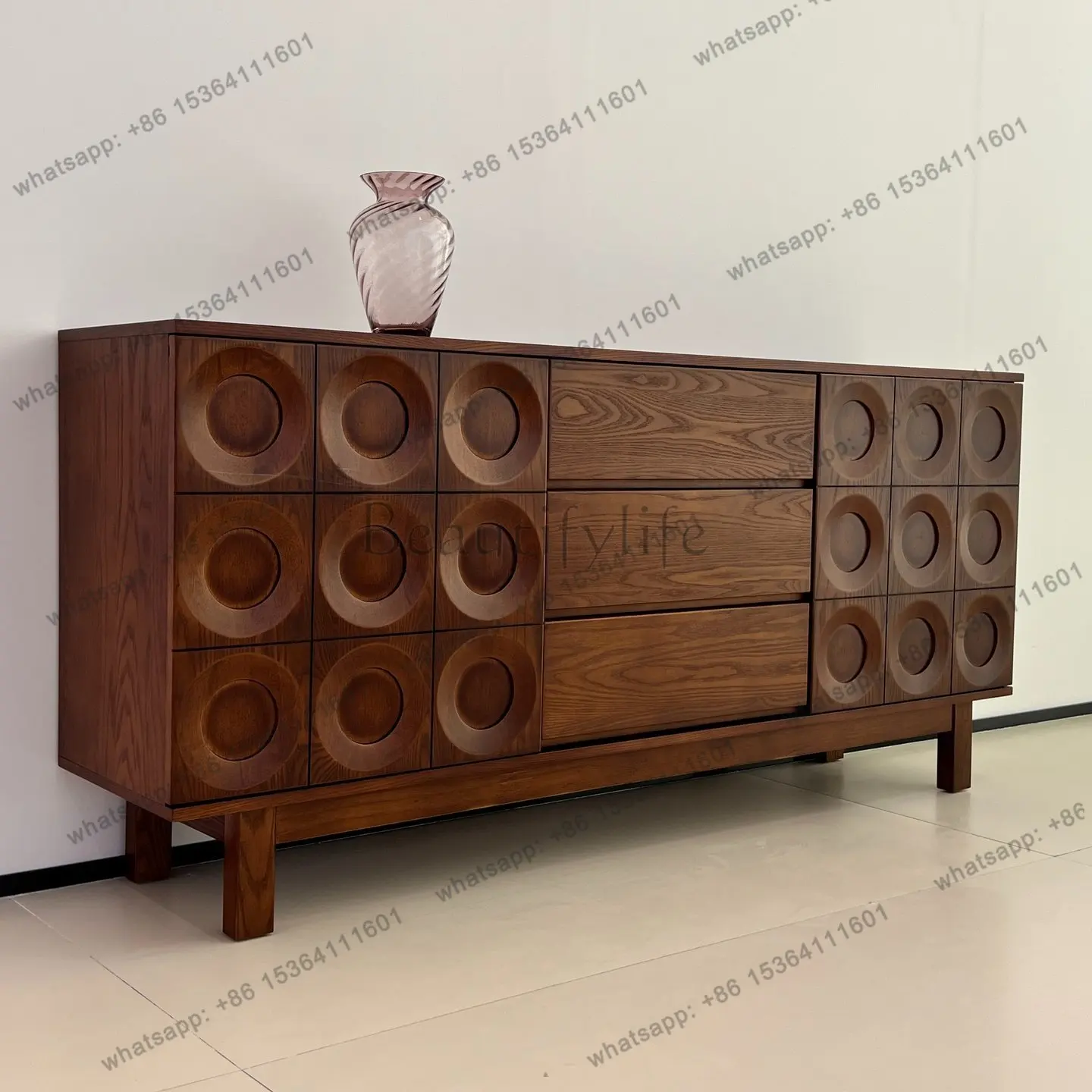 LD all solid wood dining side cabinet household living room retro ash wood solid wood storage cabinet