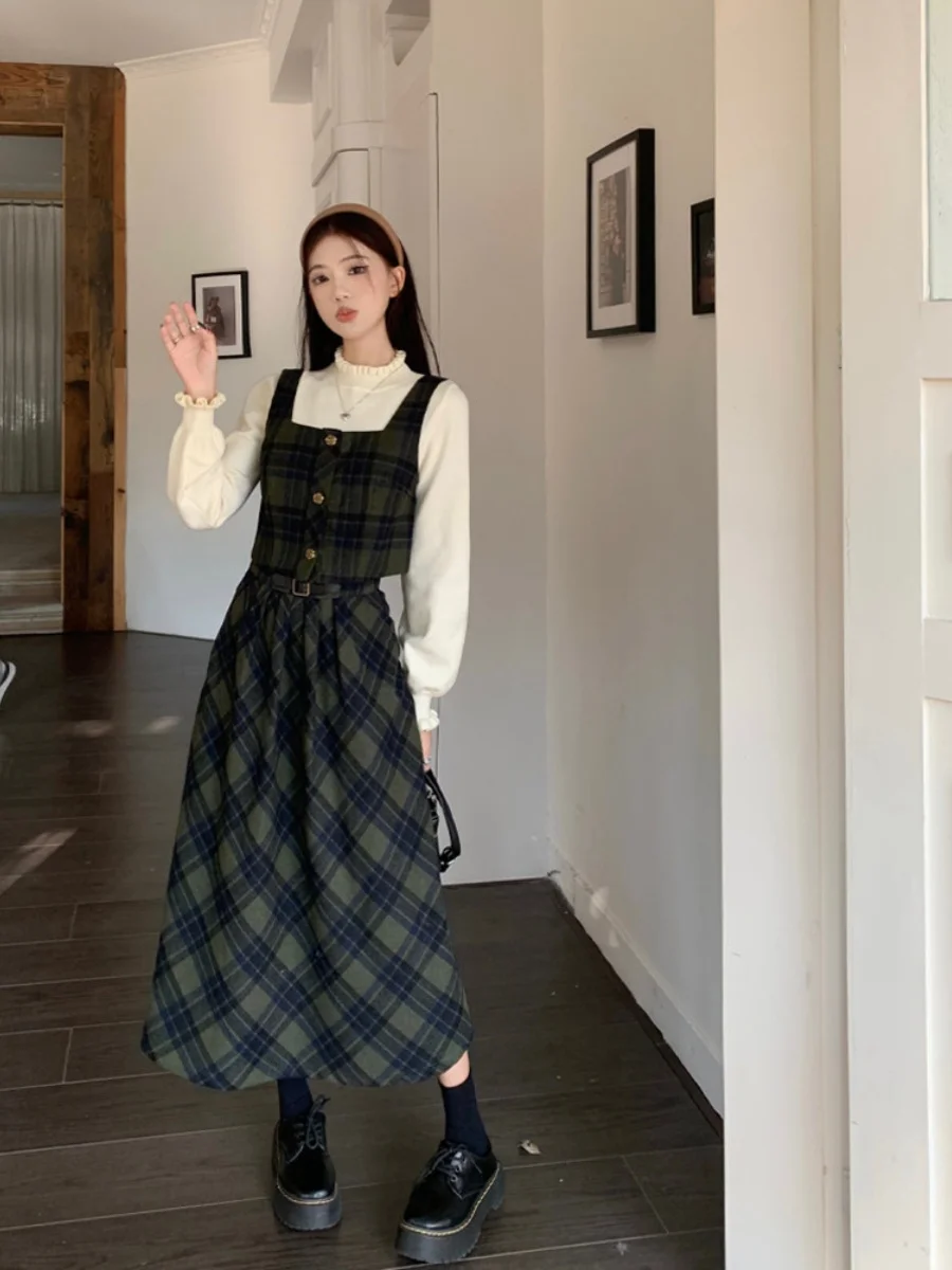 

Unique Autumn Winter Three-Piece Set Women's Base Shirt Tea System Matching Whole Plaid Halter Neck Skirt Fashionable Ca...