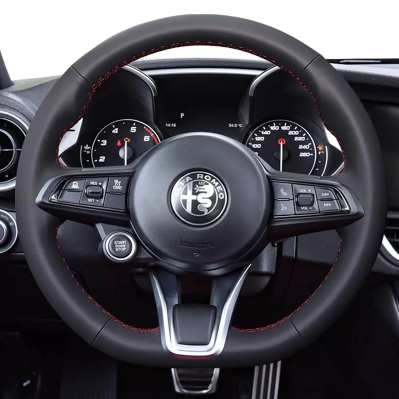 Hand-Stitched Black Genuine Leather Suede Non-Slip Car Steering Wheel Cover For Alfa Romeo Stelvio Giulia 2020-2022